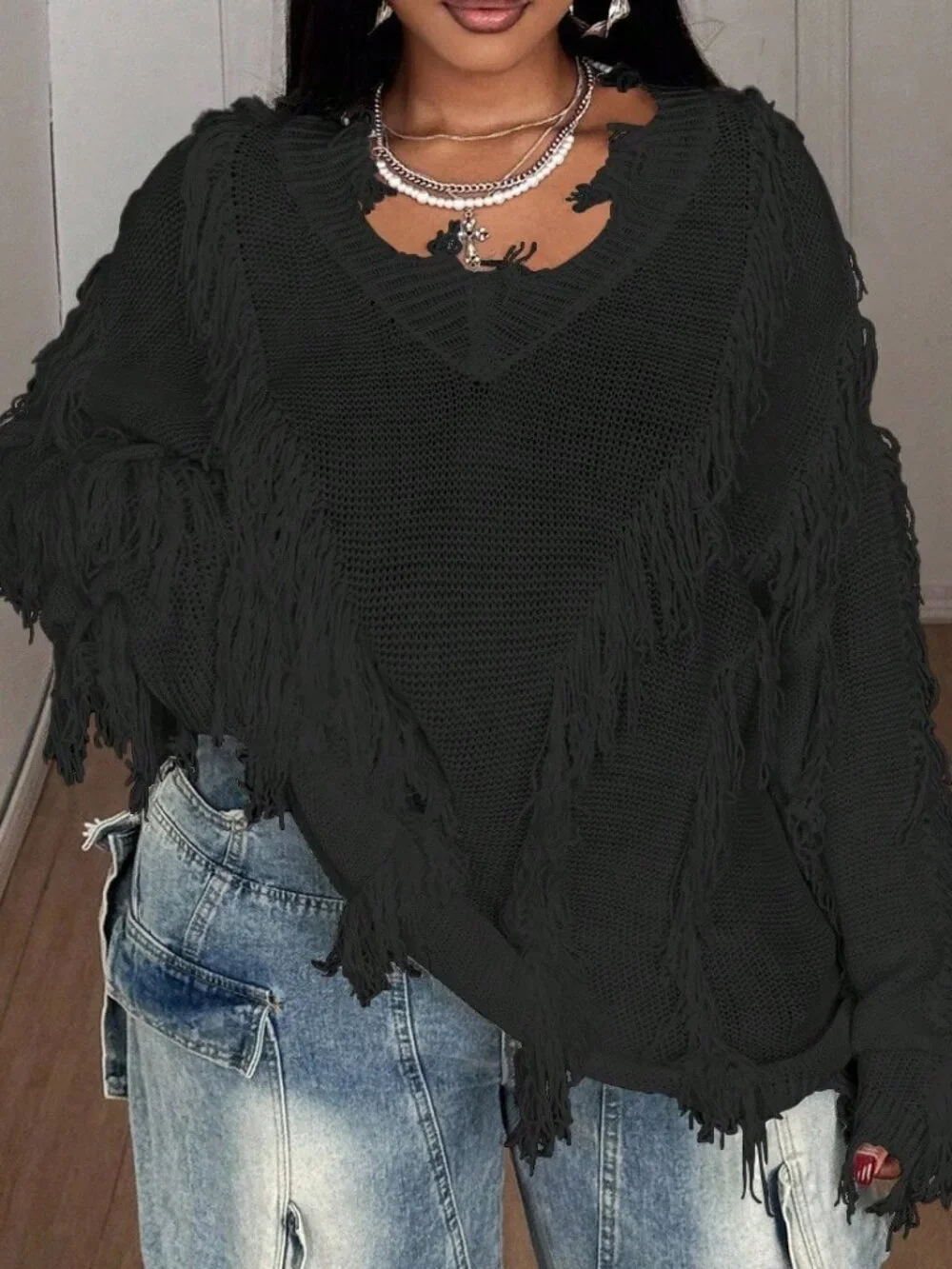 Black Casual Women's Loose V-Neck Tattered Drop Sleeve Pullover